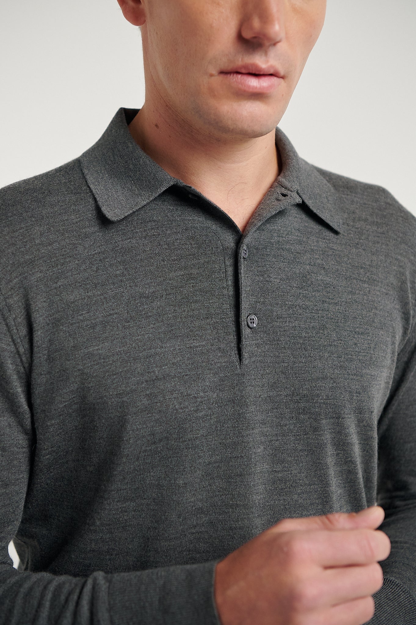 Grey 3 Button Merino Polo Shirt - Image 2