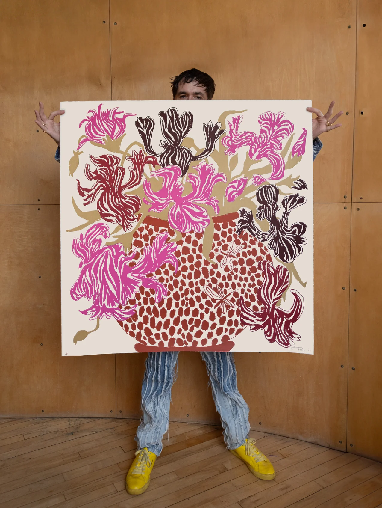 Pink Brown Cut Flowers: Triptych Screen Print - Image 3