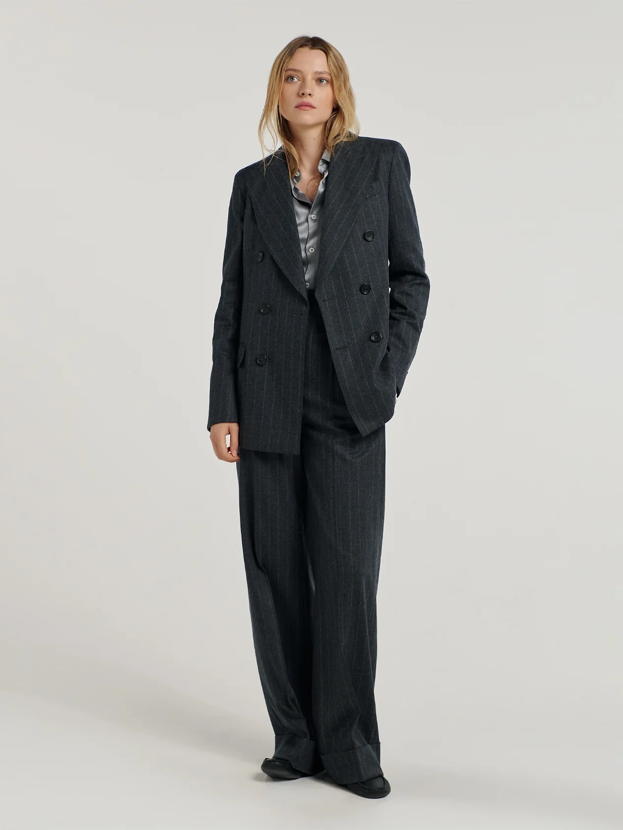 Charcoal Chalk Stripe Double Breasted Jacket - Image 12