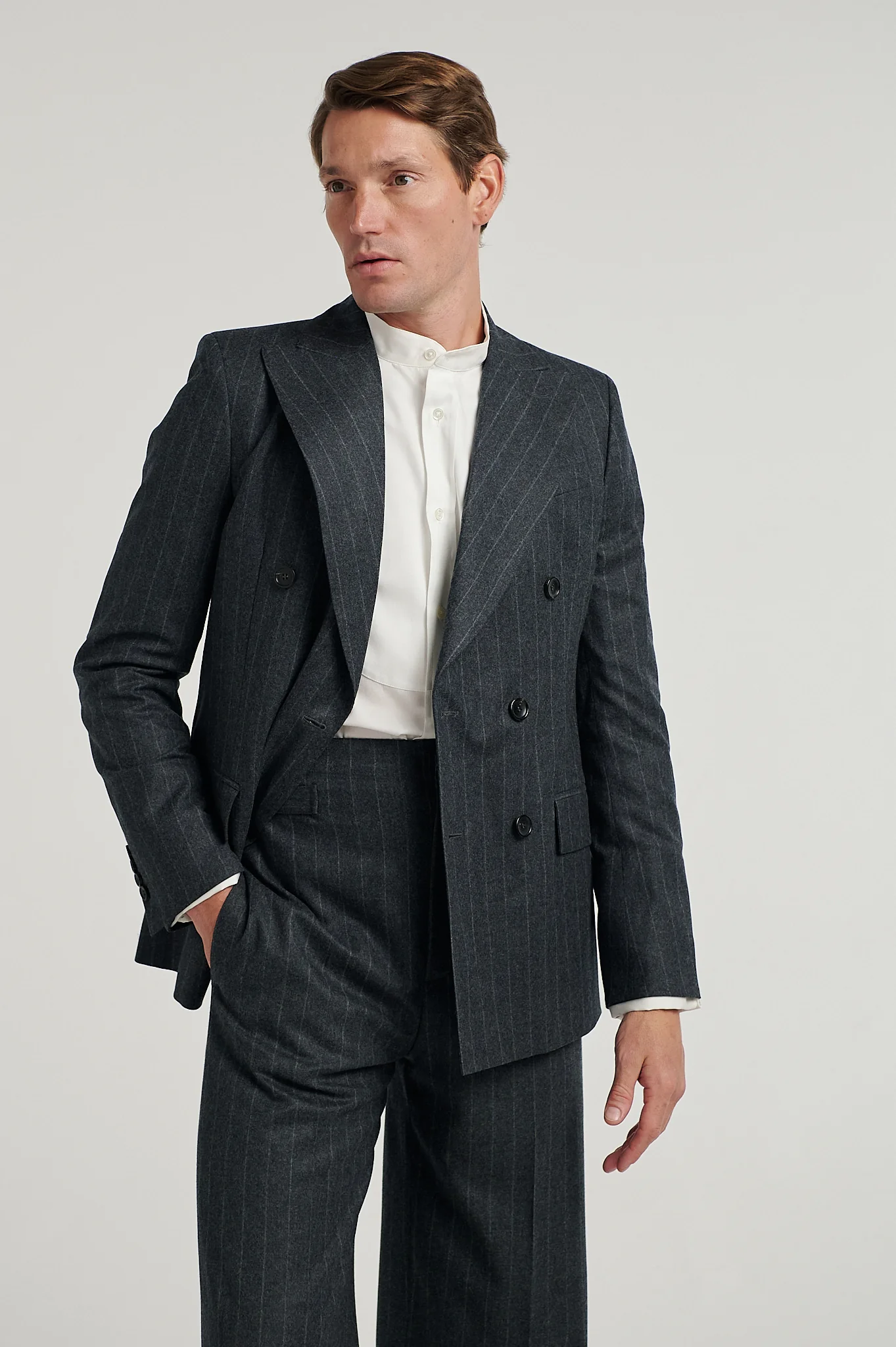 Charcoal Chalk Stripe Double Breasted Jacket - Image 6