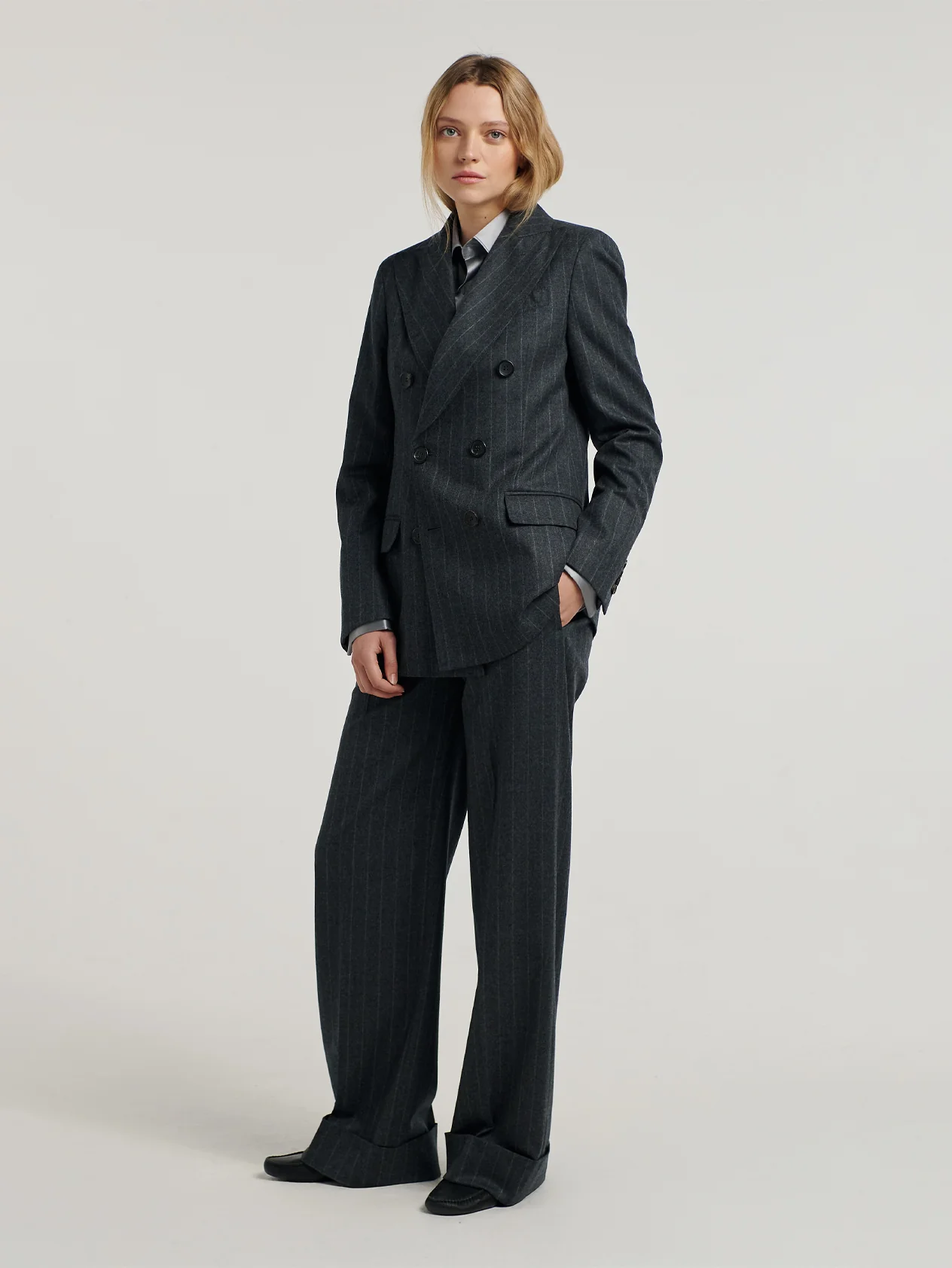 Charcoal Chalk Stripe Double Breasted Jacket - Image 7